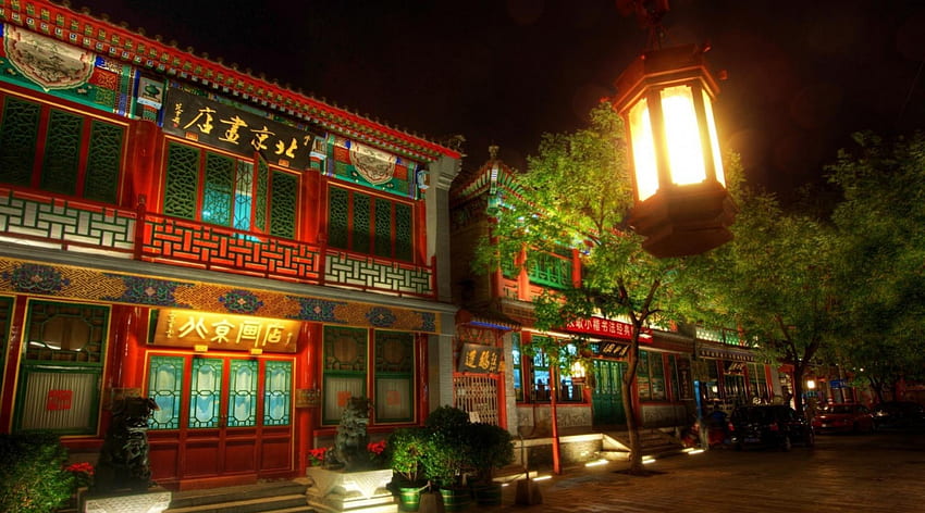 cudowna fasada domu w chinach, noc, światła, kolory, pisanie, domy, fasada, drzewo Tapeta HD