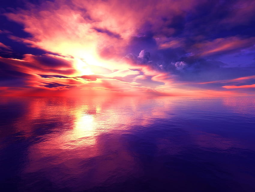 Vivid Sunset, laut, warna-warni, graphy, ungu, merah muda, refleksi, jelas, cahaya, awan, langit, air, matahari terbenam, samudra Wallpaper HD