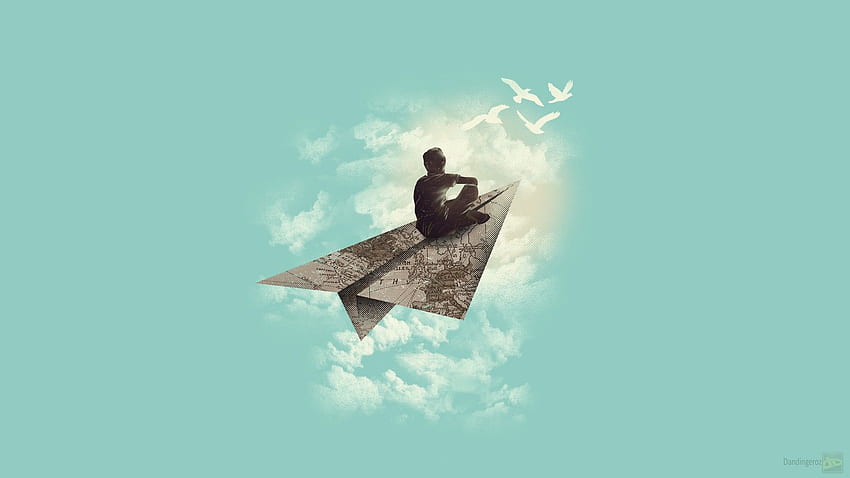 Mężczyzna jedzie na szarej papierowej ilustracji samolotu, sztuka fantasy Tapeta HD