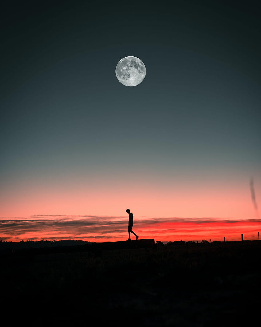 Alone, Sunset, Moon, Silhouette, , , Loneliness, Lonely HD phone wallpaper