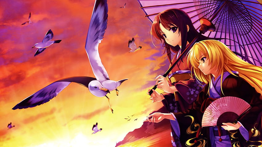 Anime, Girls, Gull, Seagull, Umbrella, Kimono HD wallpaper