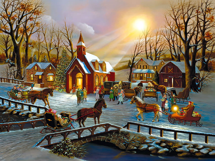A Christmas wish, winter, frost, art, cold, beautiful, wish, holiday, sleigh, snow, christmas, village, ice HD wallpaper