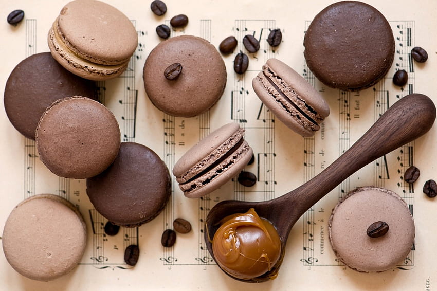 Sweet ♬, sweet, notes, chocolate, macaroons, grains coffee, food, divided, cereals, biscuits, coffee, spoon, cream HD wallpaper