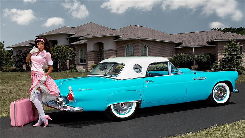 Teal and white convertible coupe, Oldtimer, car, pinup HD wallpaper