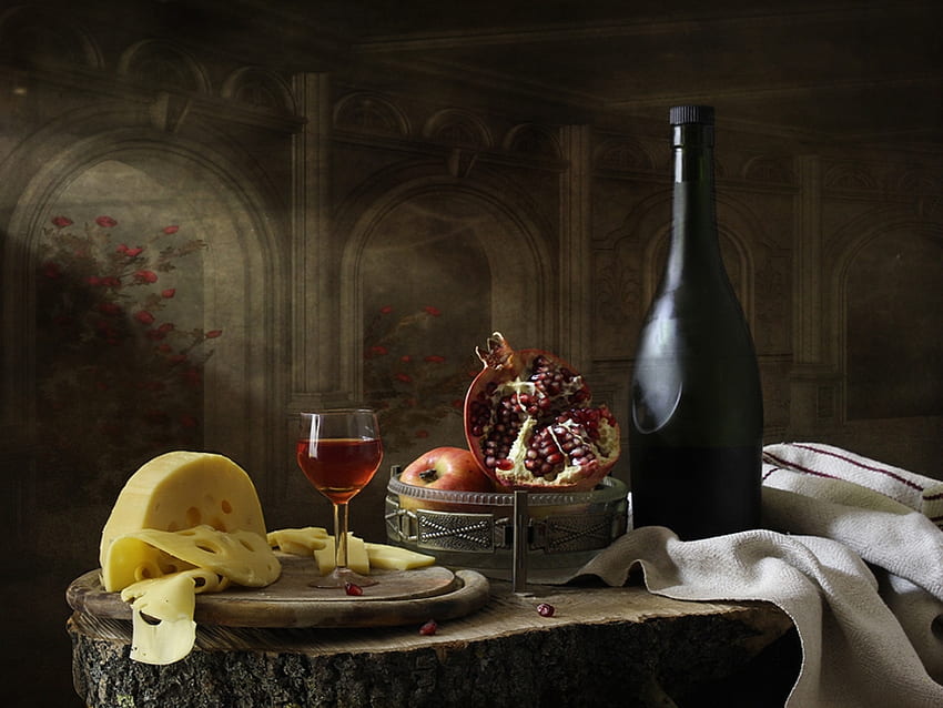 Still life, Bottle, Wine, Bpyyle, Fruits, Towel HD wallpaper