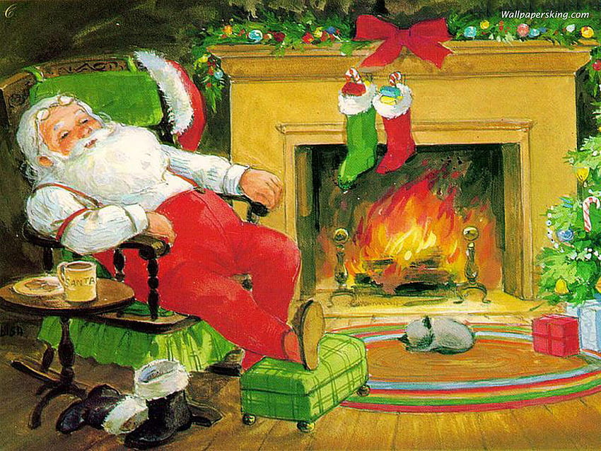 Дядо Коледа у дома, коте, празник, ботуш, Коледа, котка, чорап, дом, Дядо Коледа HD тапет