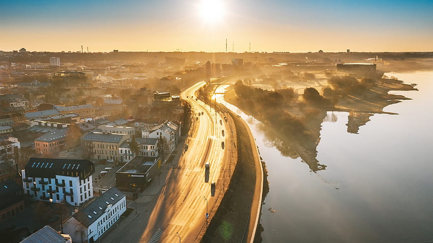 Morning, Roads, Lithuania, Kaunas, From above, Fog. Mocah HD wallpaper