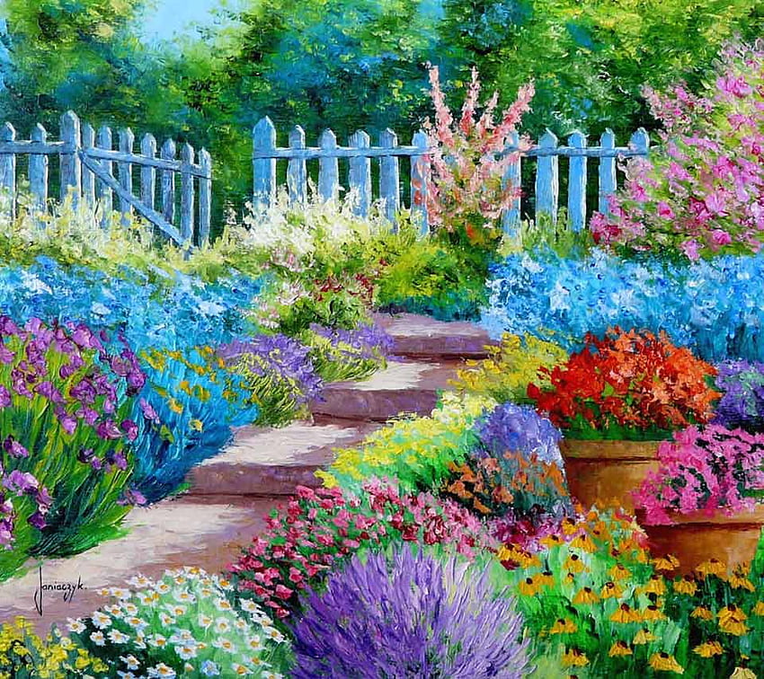 春の庭、絵、門、階段、木々、庭、花 高画質の壁紙