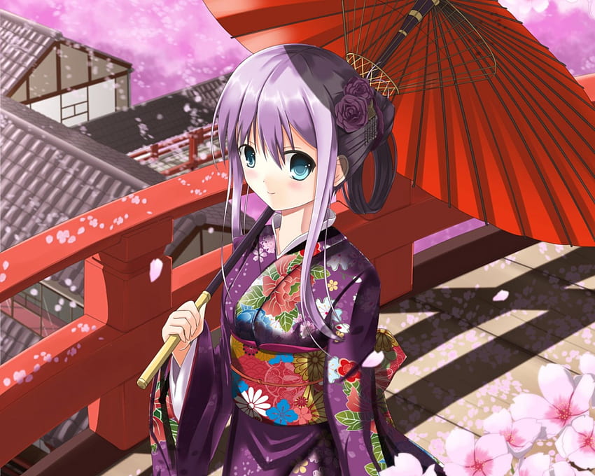 Walking Home, paraguas, kimono, cabello morado, yukata, lindo, floral, cabello largo, techo, pétalos, flor, flor de cerezo, mujer, flor, niña, anime, sakura, chica anime, flor de sakura, ojos verdes fondo de pantalla