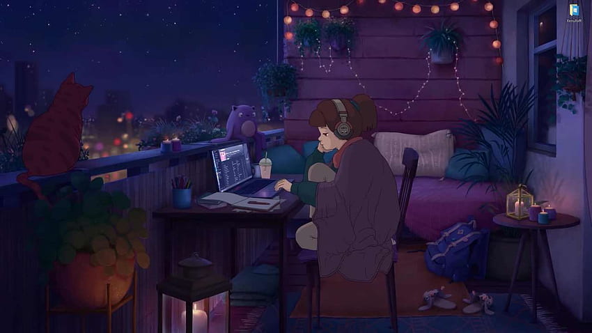Lofi kızı balkonda gece müzik dinliyor - canlı yayında , Lo-Fi Live HD duvar kağıdı