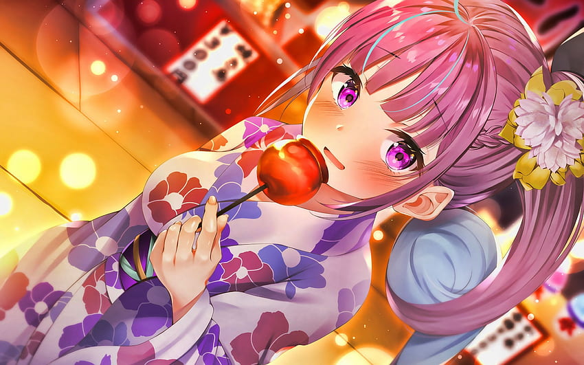 Minato Aqua, gadis berambut merah muda, kimono, YouTuber Virtual, VTuber, saluran Minato Aqua untuk resolusi . Kualitas tinggi Wallpaper HD