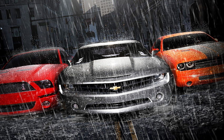 car : Ford Mustang Chevrolet and Dodge Muscle Cars Under Heavy Rain HD wallpaper
