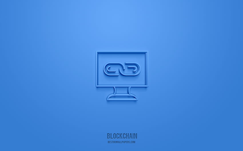 Ikon Blockchain 3d, latar belakang biru, simbol 3d, Blockchain, ikon keuangan, ikon 3d, tanda Blockchain, ikon keuangan 3d, cryptocurrency Wallpaper HD