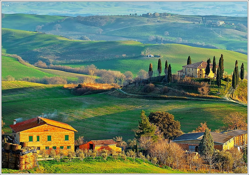 Тоскана хълмове, хълмове, графика, Италия, къщи, страна, красота, селски, полета, природа, Тоскана HD тапет