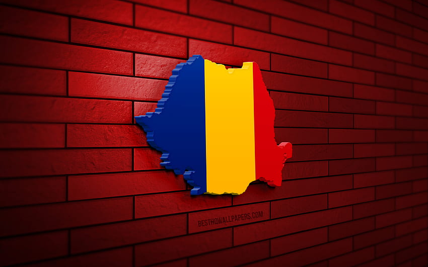 Rumänien-Karte, rote Ziegelwand, europäische Länder, Rumänien-Kartensilhouette, Rumänien-Flagge, Europa, rumänische Karte, rumänische Flagge, Rumänien, Flagge Rumäniens, rumänische 3D-Karte HD-Hintergrundbild