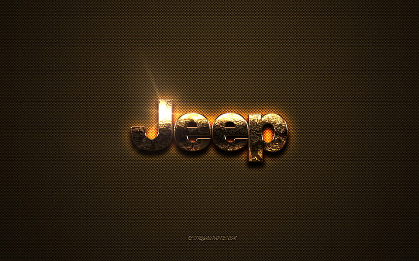 Златно лого на Jeep, произведения на изкуството, кафяв метален фон, емблема на Jeep, творчески, Jeeplogo, марки, Jeep HD тапет