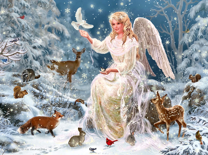 Winter Angel F2Cmp, invierno, mapache, ángel, paisaje, pintura, nieve, cardenal, conejo, paloma, arte, paisaje, hermoso, cuatro estaciones, zorro, ilustración, obra de arte, ancha, vida silvestre, venado, ardilla fondo de pantalla
