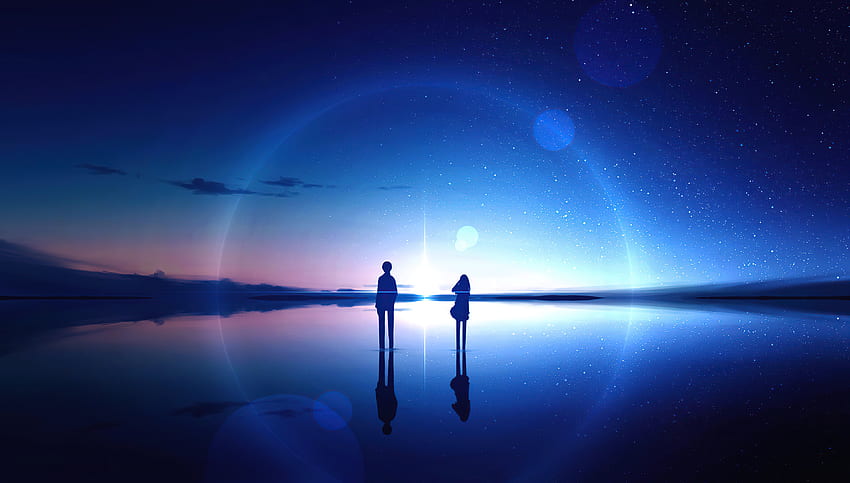 Anime, sky, stars, reflection, silhouette, digital art HD wallpaper