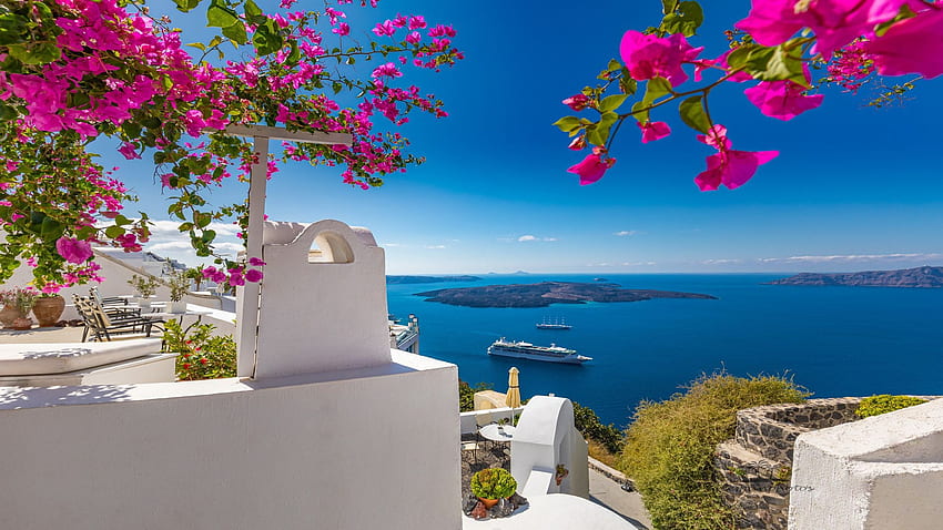 Santorini, Grecja, na Morzu Egejskim, niebo, kwiat, dom, bugenwilla, wyspy, taras Tapeta HD