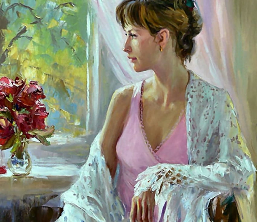 Romantic Morning F, roses, art, beautiful, illustration, bouguet, artwork, lady, painting, portrait, shawl, flowers HD wallpaper