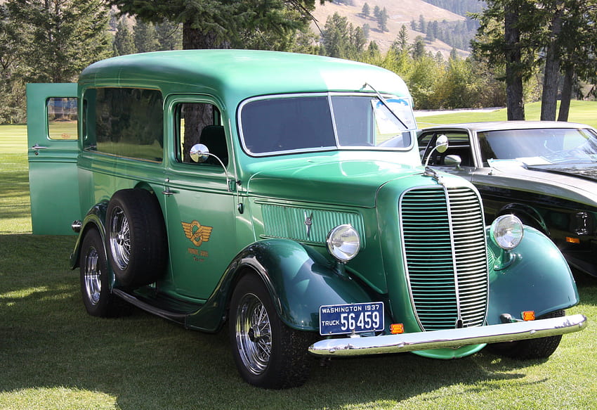 Камион Ford 1937, фарове, графика, зелено, гуми, решетки, Ford HD тапет