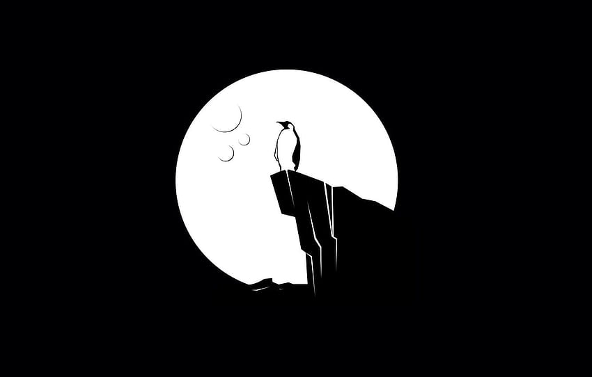 moon, minimalism, digital art, artwork, black background, cliff, simple background, shilouette, Penguin for , section минимализм HD wallpaper