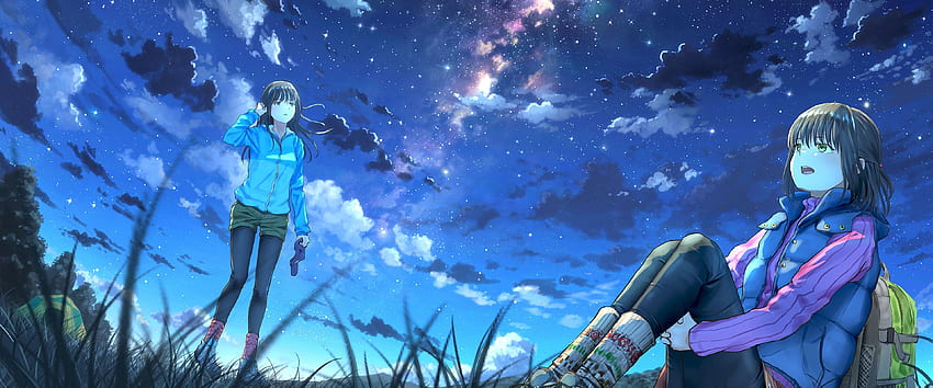 Anime Girls Night Sky Scenery Clouds Stars, Ultrawide Anime HD wallpaper