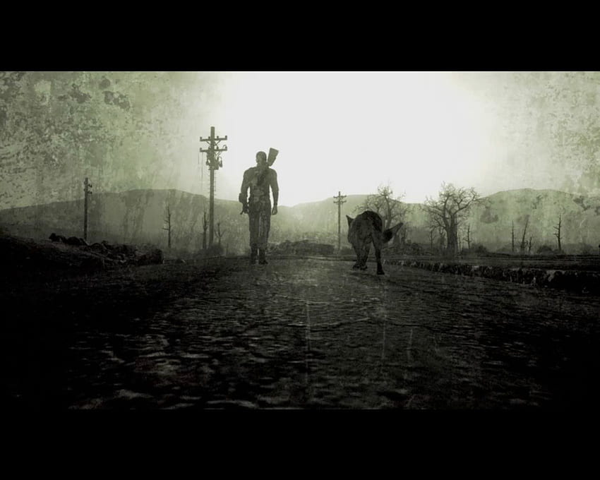 Fallout 3 Walking with dog - w kolorze szarym, pies, apokaliptyczny, rpg, spacery, dogmeat, gra, fallout 3 Tapeta HD