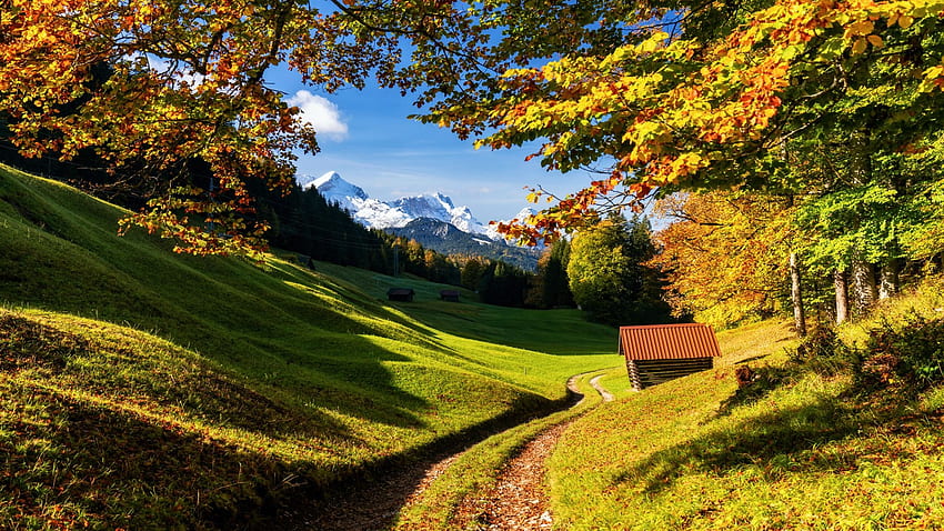 Есен в Баварските Алпи, хижа, езеро, есен, Германия, дървета, пейзаж, планини HD тапет