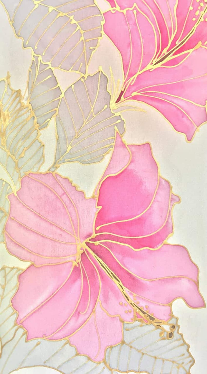Ръчно рисуван розов копринен шал от SilkScarvesTakuyo със светло розово цвете от хибискус. Сладка мека естетика на това произведение на изкуството HD тапет за телефон