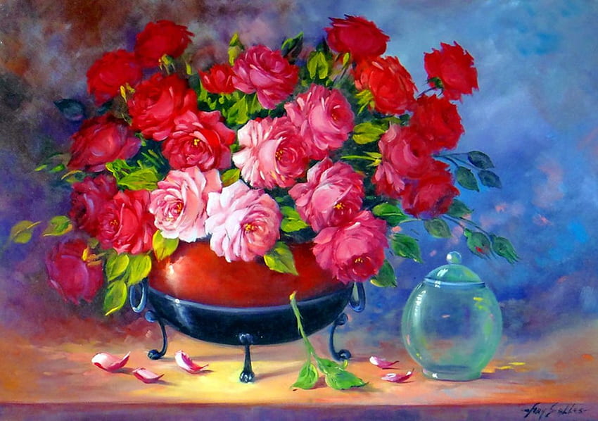 Masih hidup, karangan bunga, mawar, seni, vas, wewangian, daun, lukisan, kelopak, bunga, aroma, harmoni Wallpaper HD