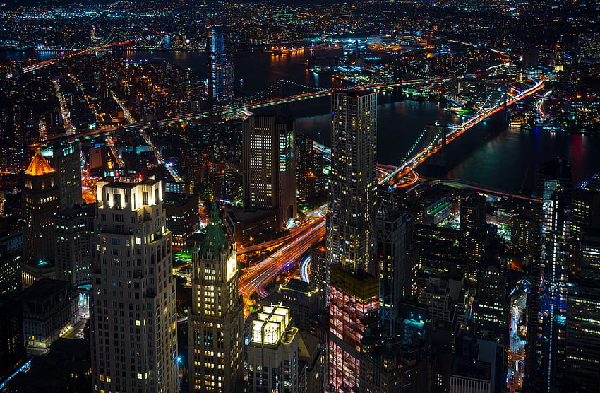 Städte, USA, Ansicht von oben, Wolkenkratzer, Vereinigte Staaten, New York, Nachtlichter der Stadt HD-Hintergrundbild