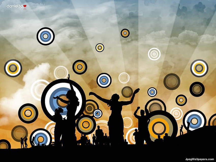 Party , circles, dancing, beams, light, clouds, silhouettes, hill HD wallpaper