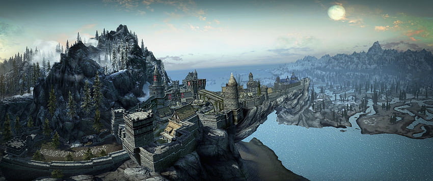 grafía aérea de la ilustración 3D del edificio, The Elder Scrolls, 3D Skyrim fondo de pantalla