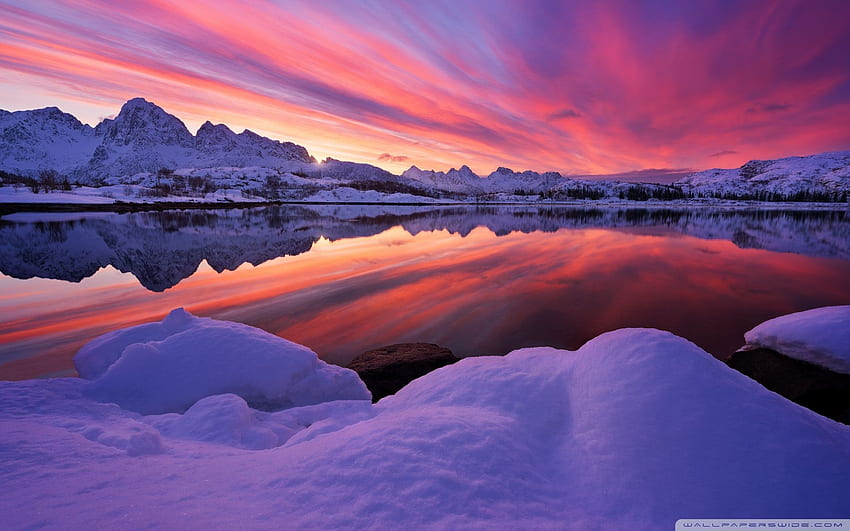 Lofoten, Noruega ártica, puesta de sol, de invierno ultra para U TV: ancha, ultraancha y computadora portátil: tableta: teléfono inteligente fondo de pantalla