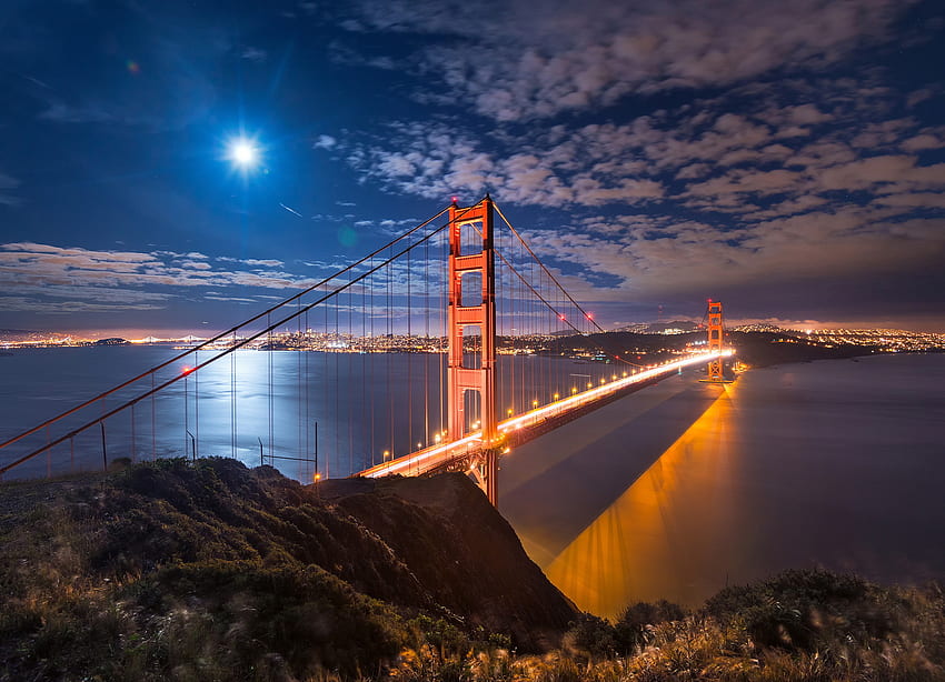 ゴールデンゲートブリッジ、アメリカ、カリフォルニア、都市、サンフランシスコ、湾、夜、月、世界 高画質の壁紙