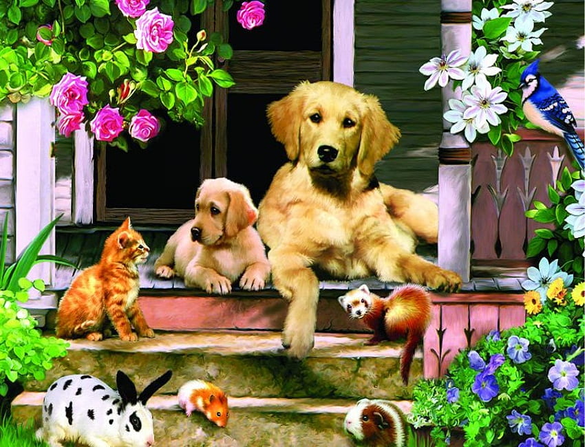 Friends gather, dog, colorful, kitty, painting, rabbit, friends, bird, roses, steps, cat, puppy, mouse, pretty, porch, bluejay, guinea pig, ferret, flowers HD wallpaper