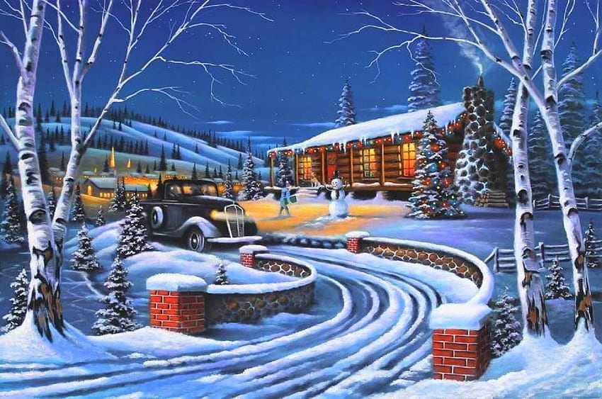 Christmas Welcome, winter, holidays, retro car, attractions in dreams, Christmas Trees, snowman, love four seasons, Christmas, snow, cabins, xmas and new year, roads HD wallpaper