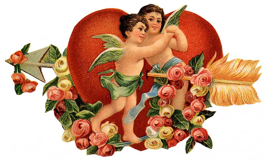 Happy Valentine's Day!, asas, rosas, anjo, retrô, namorados, dia, flor, verde, amarelo, vermelho, cupido, feliz, coração, flecha, vintage, criança papel de parede HD