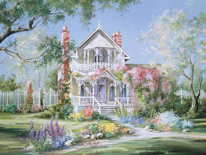 ウェルカム フレンズ、友情、家、煙突、階段、草、ピンク、絵画、花、ポーチ、フェンス、木、花 高画質の壁紙