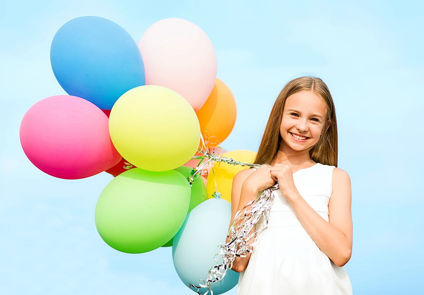 Girl with colorful balloons, blue, colorful, white, smile, girl, orange, copil, little, summer, pink, green, yellow, balloon, child, vara HD wallpaper