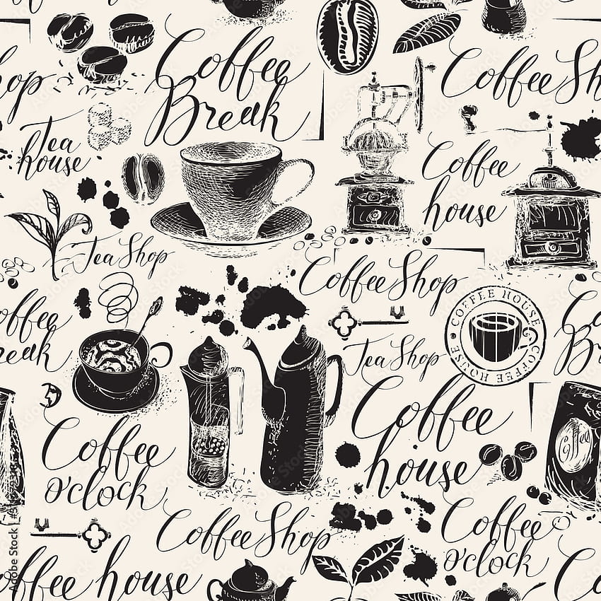 Vektor nahtlose Muster zum Thema Kaffee im Retro-Stil. Abstrakter Hintergrund mit Küchenartikeln, Flecken und handschriftlichen Inschriften. Geeignet für, Geschenkpapier oder Stoff Stock Vector, Coffee Abstract HD-Handy-Hintergrundbild