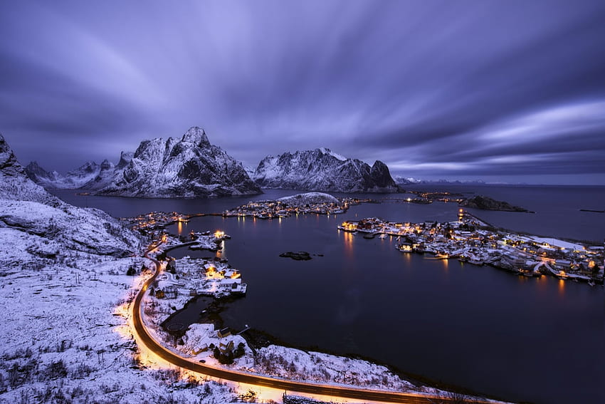 Reine, Lofotes, Norwegia, laut, kota, salju, rumah, gunung, pulau Wallpaper HD