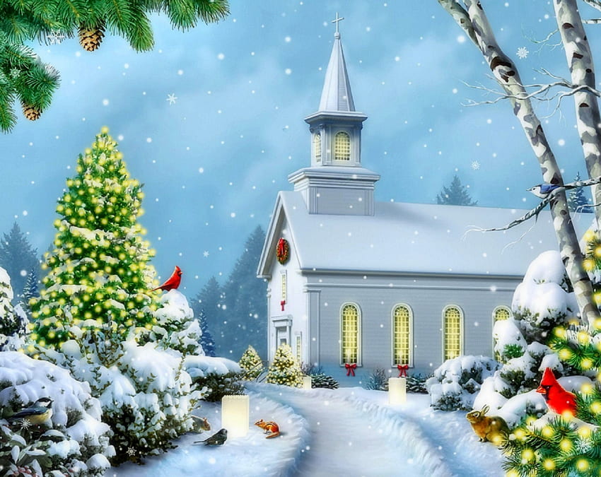 Christmas Eve, winter, holidays, winter holidays, attractions in dreams, churches, paintings, Christmas Trees, love four seasons, Christmas, snow, nature, xmas and new year, cardinals HD wallpaper