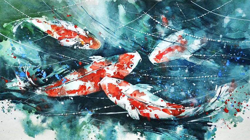 鯉, 絵, 水彩画, 魚, アートワーク, ペンキの飛び散り 高画質の壁紙