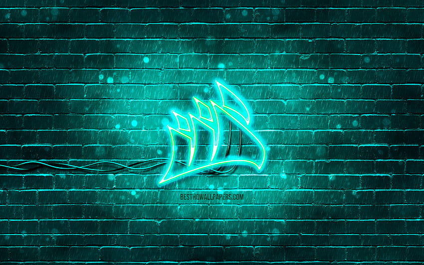 Logo Corsair turquoise, mur de briques turquoise, logo Corsair, marques, logo néon Corsair, Corsair Fond d'écran HD