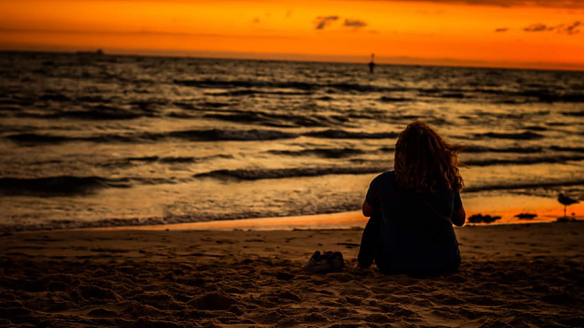 Strand, Frau, allein, Sonnenuntergang HD-Hintergrundbild