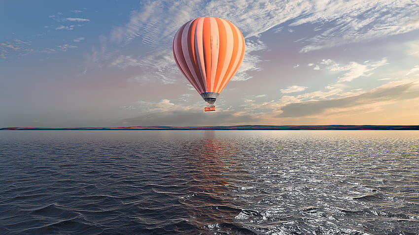 Balon na ogrzane powietrze nad jeziorem, zbiornik wodny, niebo Tapeta HD