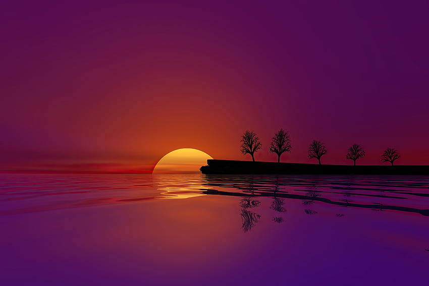 Silhouette, sunset, lake, trees, nature HD wallpaper
