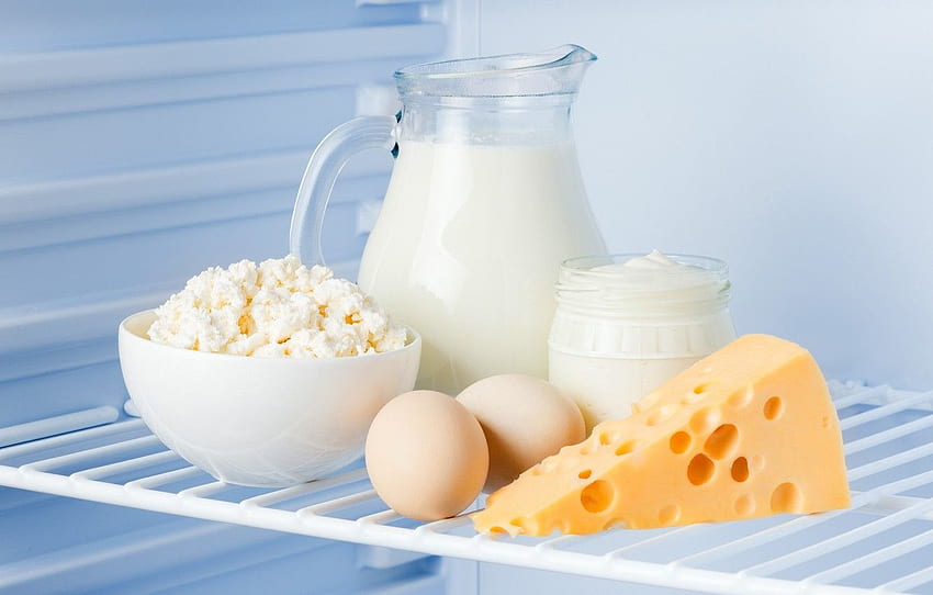 uova, formaggio, latte, frigorifero, tazza, banca, mensola, brocca, formaggio, panna acida, latticini per , sezione еда - Sfondo HD